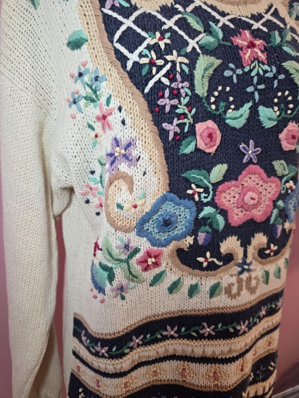 Beldoch Popper Floral Embroidered Knit Sweater Medium Cottagecore Shabby Chic - Picture 4 of 16